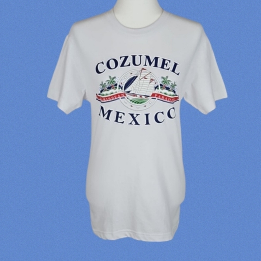 Cozumel Mexico Caribbean Paradise Tee T-shirt Short Sleeve White Navy Blue, S